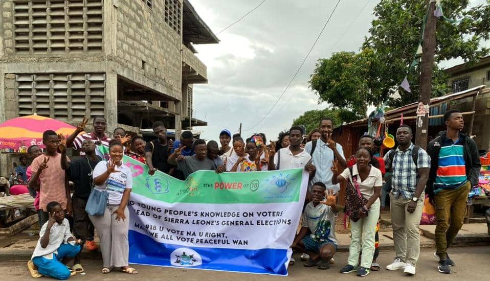 YIAGA's tweet photo. Our #ThePowerOf18 Champion @kargbosamesther engaged the first-time voters in Wilberforce Community with interesting voter education on peaceful participation and mobilization messages. She was supported by fellow #ThePowerOf18 Champions @MohamedKunta and @p_sannoh https://t.co/tDsXVeDA4U