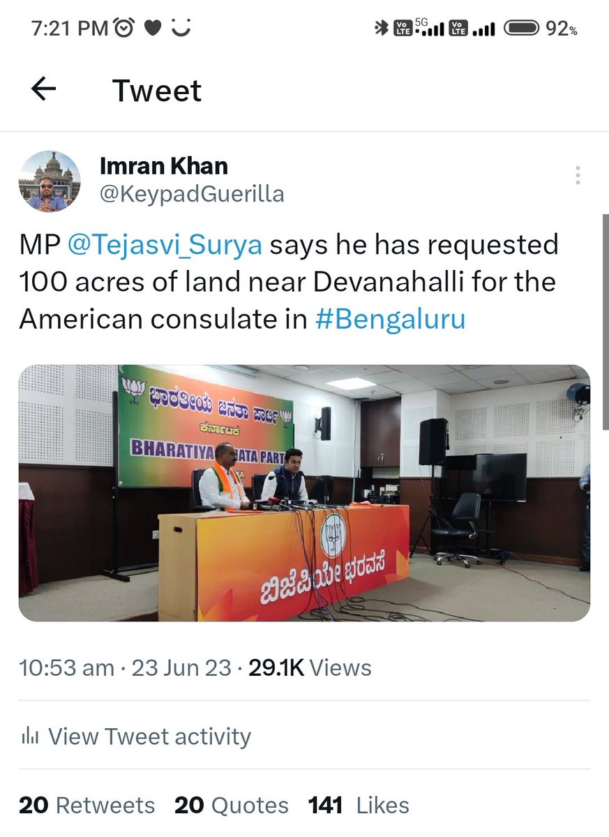 There was an inadvertent error on my part. The 100 acres was for a facility for lithium iron batterie not for  the US consulate. He has requested deputy CM @DKShivakumar to provide space for the consulate. @Tejasvi_Surya
