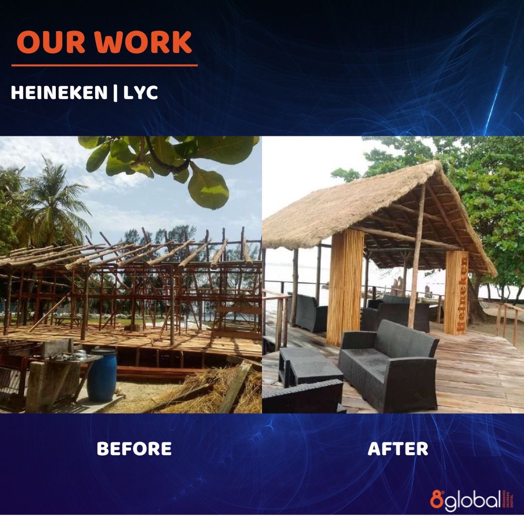 8global_za's tweet photo. We designed and developed an entire outdoor bar and lounge on this property, an undeveloped island owned by the Lagos Yacht Club. The entire area was branded exclusively with Heineken branding and branded furniture; enhancing the association between Heineken and enjoyment. https://t.co/UytWC9DK58