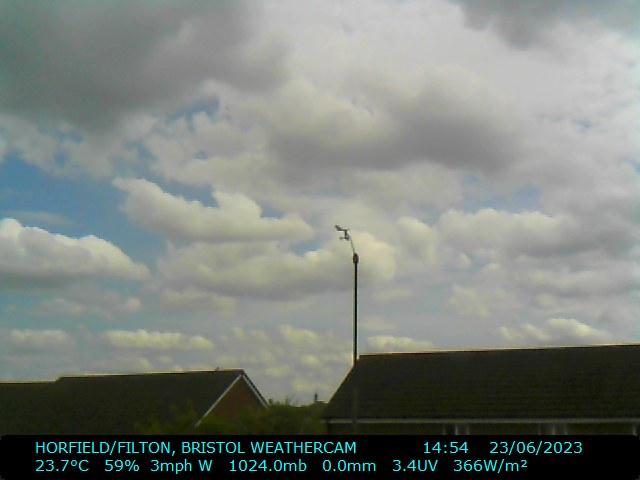 #bristol #weather 14:55 23/6/2023, cloudy/dry/hot, T:23.7C, W:3mph(W), B:1024.0mb(Steady), H:59pct, R:0.0mm