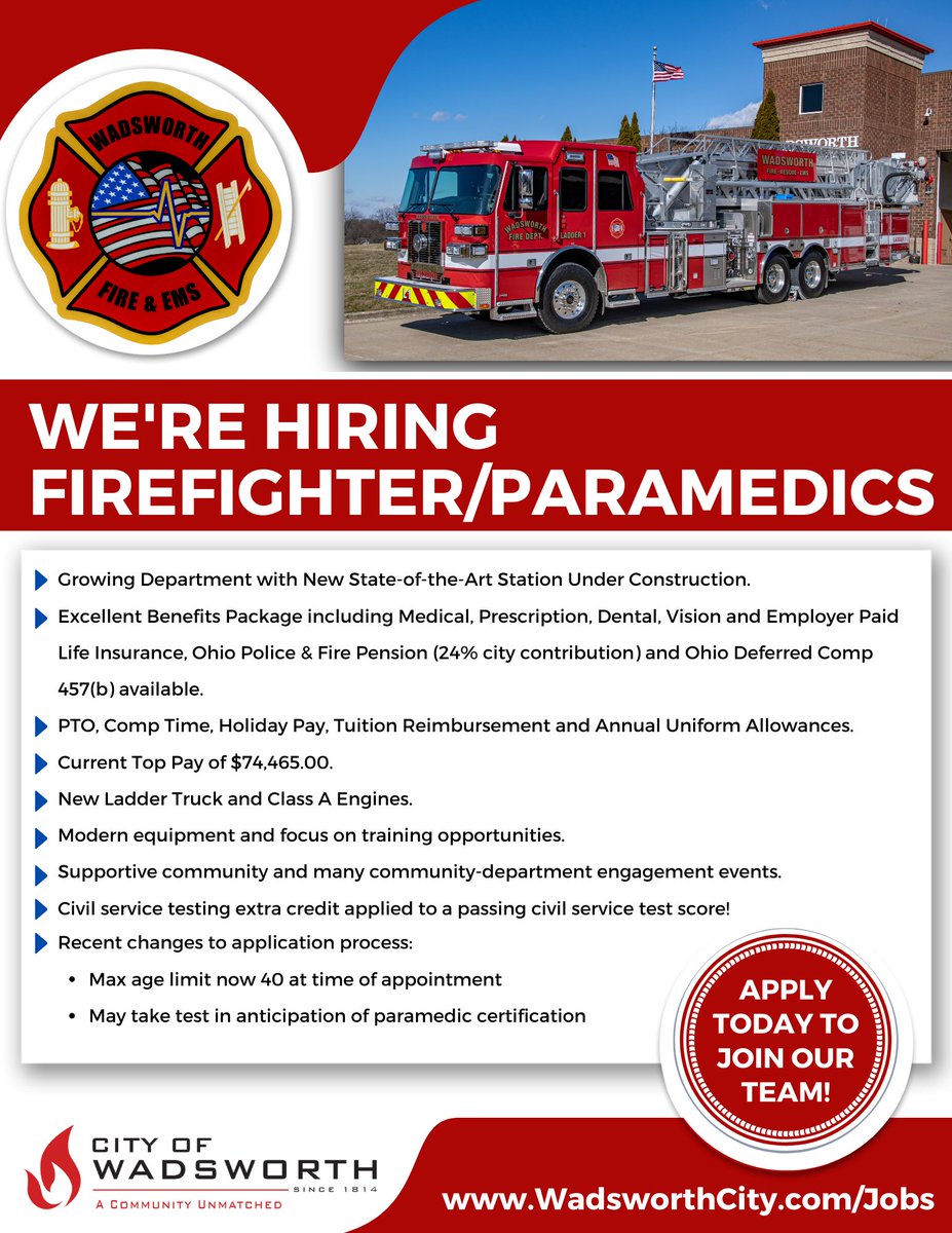CityOfWadsworth's tweet photo. The City of Wadsworth is accepting applications for an online civil service examination for the full-time position of Firefighter/Paramedic. Visit https://t.co/EGTnp9BpLZ for more information.
#CityofWadsworth #ACommunityUnmatched https://t.co/WbxRkDDXYQ