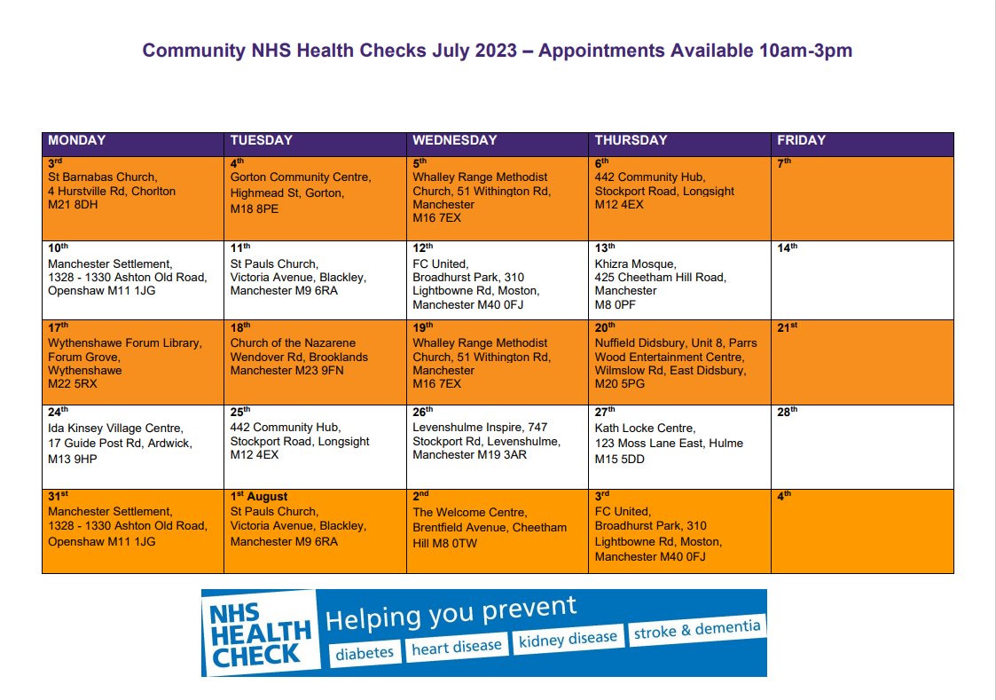 . @BeWellMcr are delivering health checks in Wythenshawe Forum Library on the 17 July and Church of Nazarene in Brooklands on the 18 July. To book call 0770 287 2861. Full timetable attached: