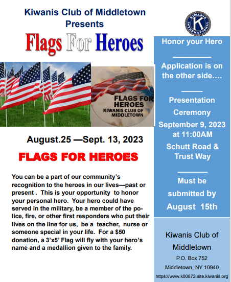 KiwanisNY's tweet photo. Presentation Ceremony:
September 9, 2023 at 11:00 AM
Schutt Road &amp; Trust Way Middletown NY 10940
Flags will be displayed from August 25 to September 13th--This is your opportunity to honor your personal hero--Please see attached documents to purchase a flag for your loved one. https://t.co/SIV9kA8QQS