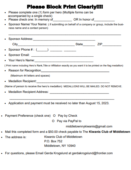 KiwanisNY's tweet photo. Presentation Ceremony:
September 9, 2023 at 11:00 AM
Schutt Road &amp; Trust Way Middletown NY 10940
Flags will be displayed from August 25 to September 13th--This is your opportunity to honor your personal hero--Please see attached documents to purchase a flag for your loved one. https://t.co/SIV9kA8QQS