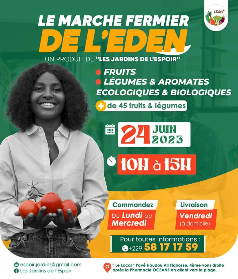 Amis de #Cotonou et environs (#Bénin), prenez le rendez-vous du marché fermier. Il se déroule chaque deux semaines à "Le Local". Une initiative des <a href="/jardinsespoir/">Jardins de l'Espoir</a> qui met à votre disposition des fruits, légumes et aromates agroécologiques et #bio #Agriyouth #wasexo #team229