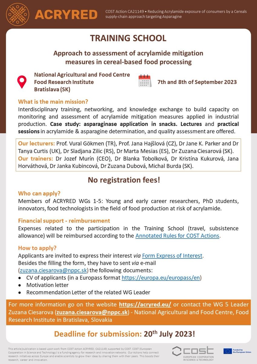 Highly recommended for anyone interested in acrylamide - apply now - deadline 20th July 2023