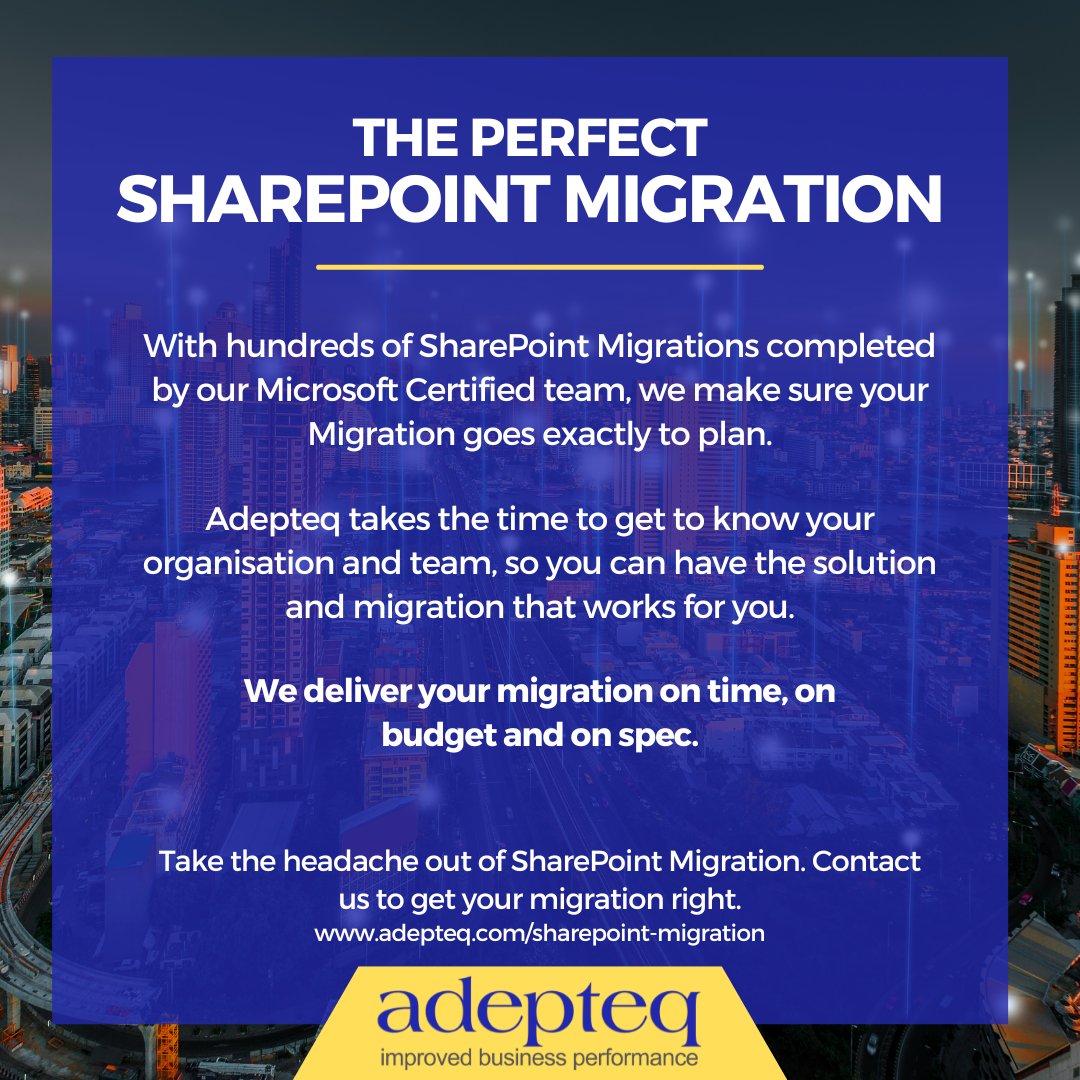 adepteq's tweet image. 🚀 Experience a seamless SharePoint Migration
We make the process as straightforward and stress-free as possible
💷 Your migration on budget, on time, on spec.
Book a 15 minute discovery call: rb.gy/9qruz
#SharePointMigration #SharePoint