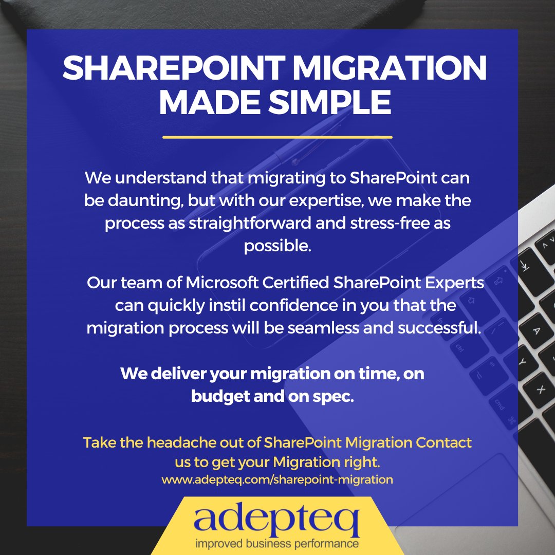 adepteq's tweet image. 🚀 Experience a seamless SharePoint Migration
We make the process as straightforward and stress-free as possible
💷 Your migration on budget, on time, on spec.
Book a 15 minute discovery call: rb.gy/9qruz
#SharePointMigration #SharePoint