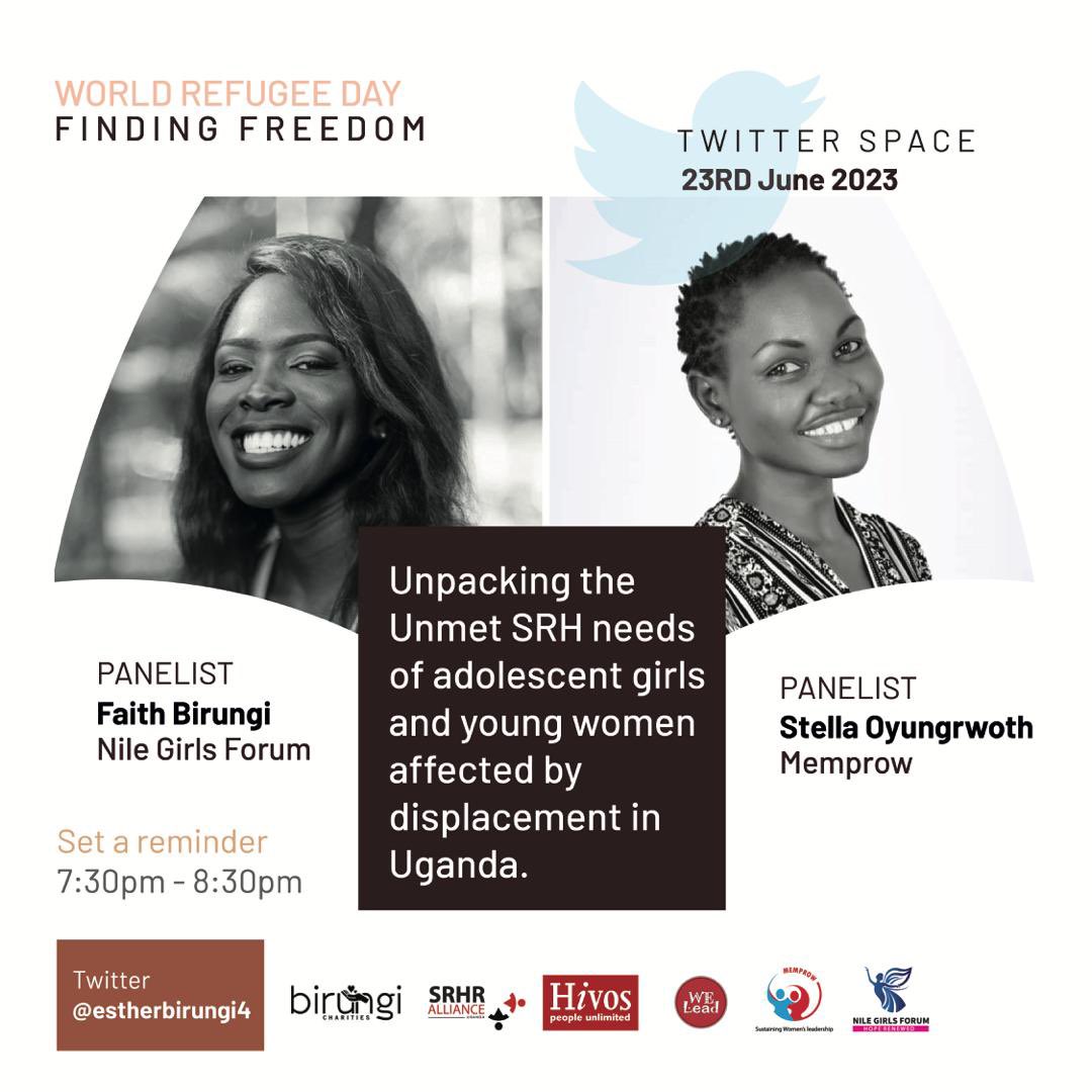 In commemoration of #WorldRefugeeDay I will be hosting a twitter space today unpacking the unmet SRH needs of adolescent girls and young women affected by displacement. 
Set reminder here : twitter.com/i/spaces/1OdKr…
@UNHCRuganda 
#WithRefugees 
#WeLeadOurSRHR