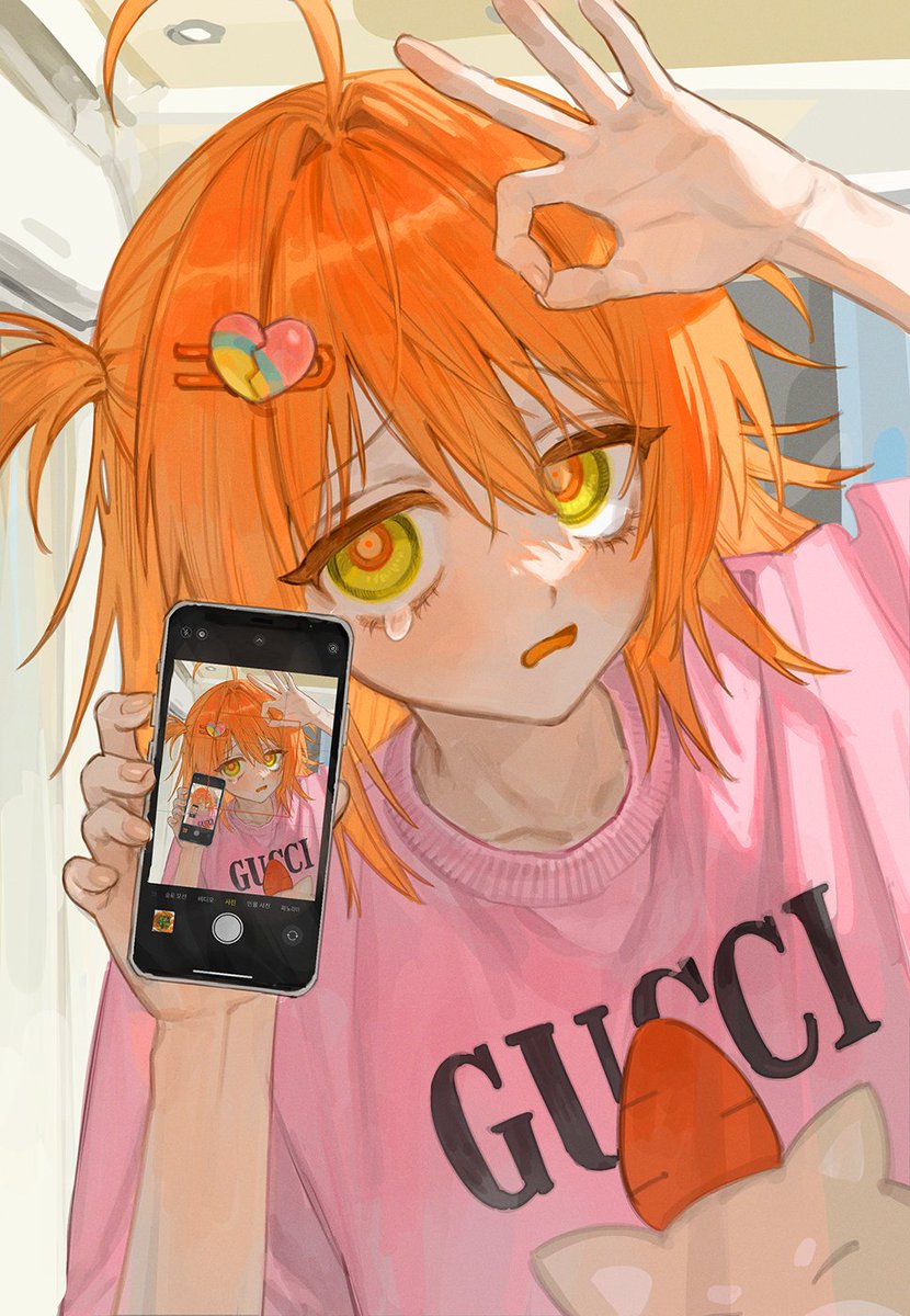 1girl phone orange hair hair ornament holding cellphone shirt  illustration images