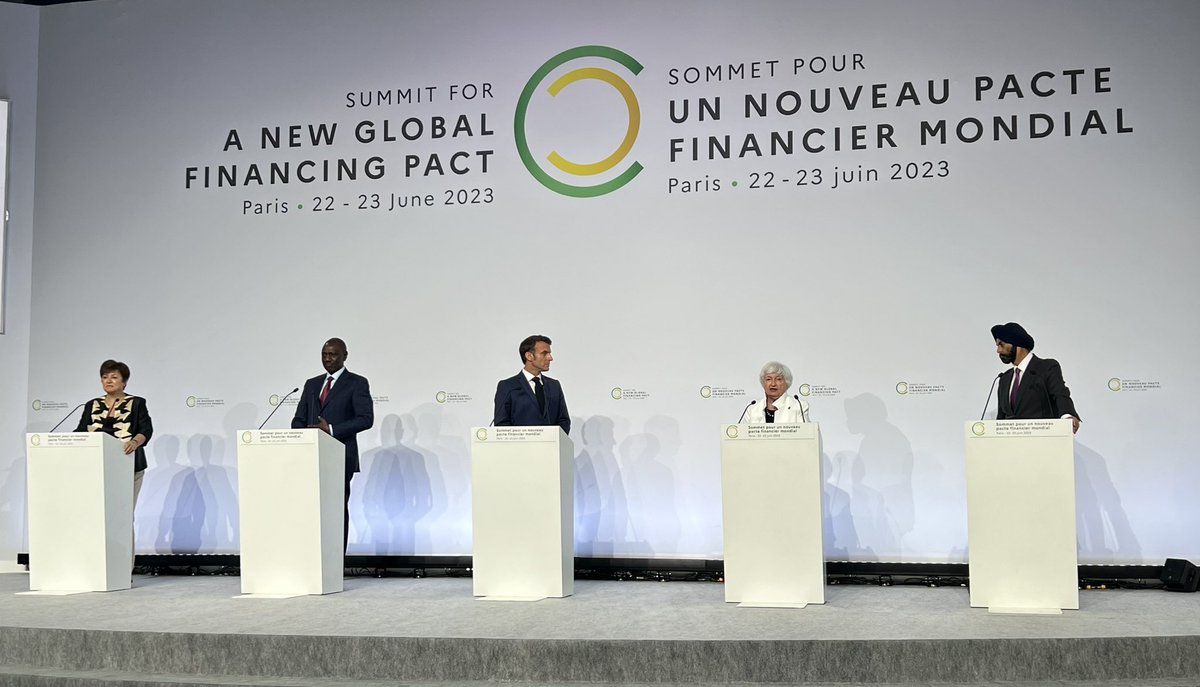.@SecYellen w/ @EmmanuelMacron, @WilliamsRuto, @WorldBank Pres #Banga, @IMFNews MD Georgieva @ press conference @ Summit for a New Global Financial Pact “The challenge to the world that has brought us here is to…build a global economy that allows people & the planet to thrive”