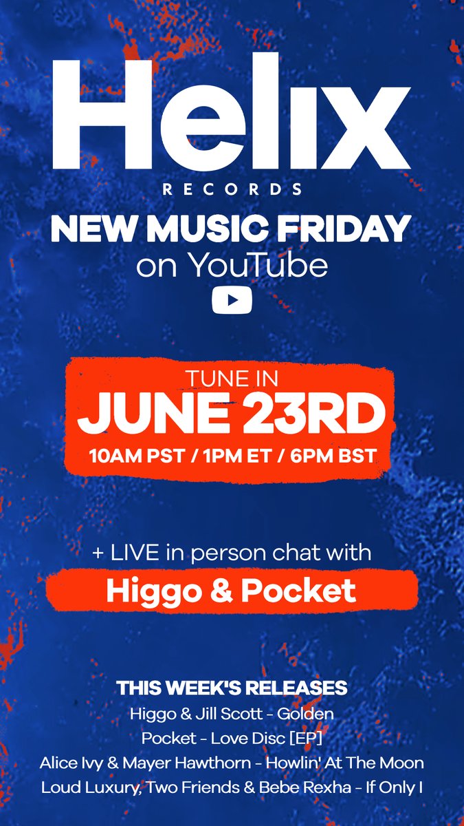 Helix Records NFT (@helixrecsnft) on Twitter photo 🪩 <a href="/helixrecs/">Helix Records</a> New Music Friday 🪩
We'll be joined by <a href="/HiggoUK/">Higgo</a> and <a href="/songsbypocket/">🟡💙🔴 Pocket 🟡💙🔴</a> to hear about their respective releases out today
Live on youtube from 6pm - come and hear all of today's releases from 5:45!
youtube.com/watch?v=Bjx6v6… 🪩 <a href="/helixrecs/">Helix Records</a> New Music Friday 🪩
We'll be joined by <a href="/HiggoUK/">Higgo</a> and <a href="/songsbypocket/">🟡💙🔴 Pocket 🟡💙🔴</a> to hear about their respective releases out today
Live on youtube from 6pm - come and hear all of today's releases from 5:45!
youtube.com/watch?v=Bjx6v6…
