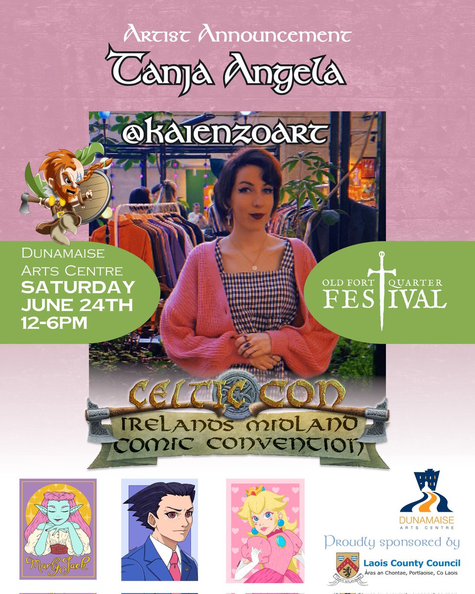 Artist announcement CelticCon
<a href="/oldfortquarter/">Old Fort Quarter</a> 2023 
Date: Saturday, June 24th, 
12-6 PM 
Venue: <a href="/dunamaise/">Dunamaise Arts Centere</a>
FREE Entry. 
Proudly supported by Laois County Council Arts Act Grant 2023.
Tanja Angela @kaienzoart
#celticcon #Dunamaise #oldfortfest #oldfortquarterfestival