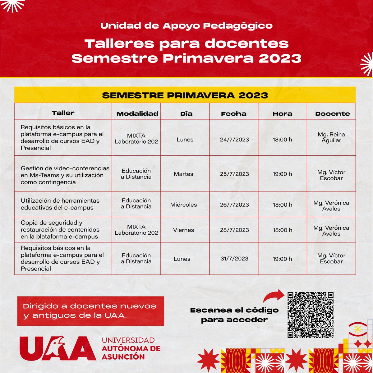 uaapy's tweet photo. ¿Eres docente nuevo o antiguo de la UAA?
Te invitamos a participar de los talleres para docentes - semestre Primavera 2023. 👨🏫✍️
🗓Inicio: 4 de julio.
#UAApy #OrgulloUAA https://t.co/4814wvytWY