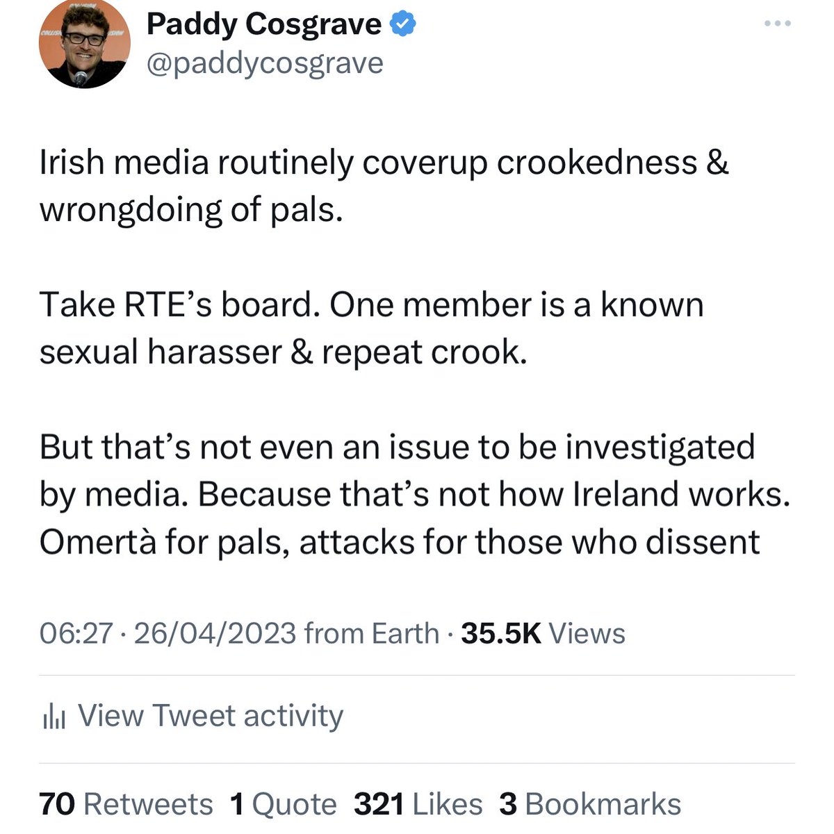 paddycosgrave's tweet photo. I tweeted this two months ago. Not a single Irish journalist followed. Not one.

I cannot stress how crooked, dishonest &amp; willing to cover up for pals most Irish media are. https://t.co/ItgzxThg9Q