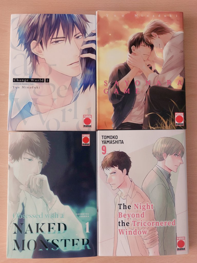 calysto76's tweet photo. Compras manga de este mes a @MangaPaniniEsp ❤️‍🔥❤️‍🔥❤️‍🔥❤️‍🔥 #happyhappy #manga #BL #lectura #sayonaragame #changeworld #yuuminaduki #obsesedwithanakedmonster #ogeretsutanaka #thenightbeyondthetricorneredwindow #tomokoyamashita https://t.co/u5JUPa46y4