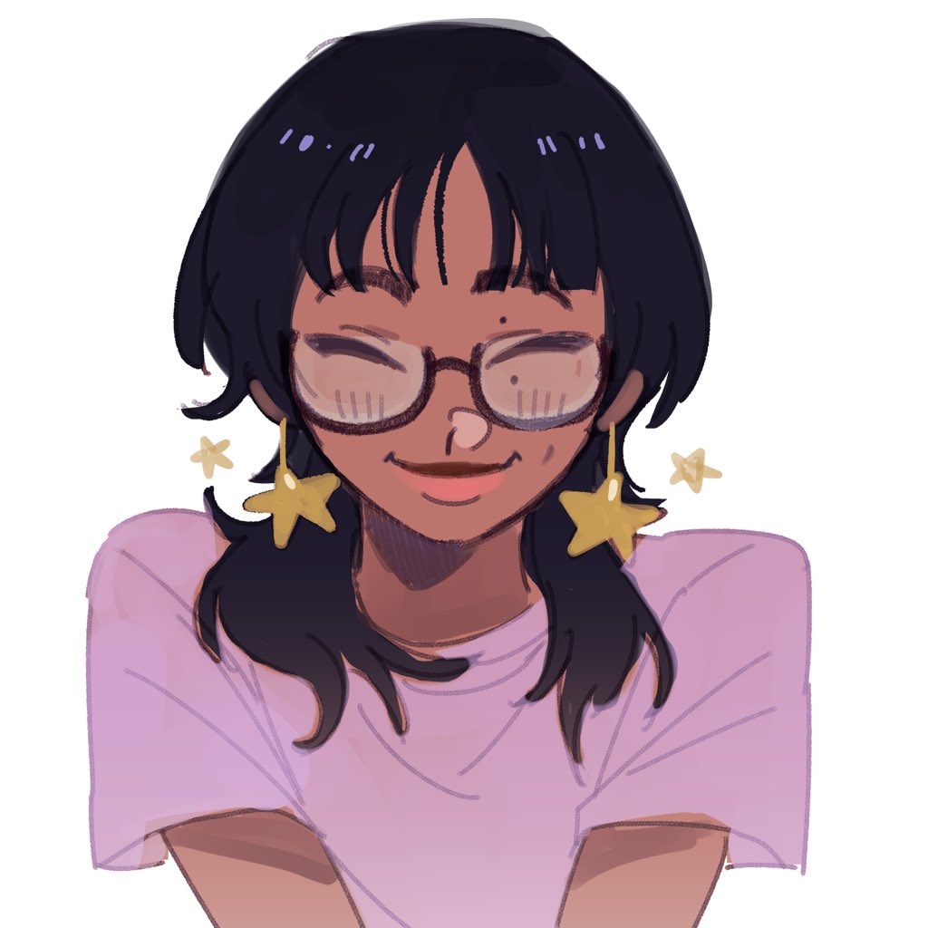 1girl solo glasses black hair star (symbol) smile shirt  illustration images