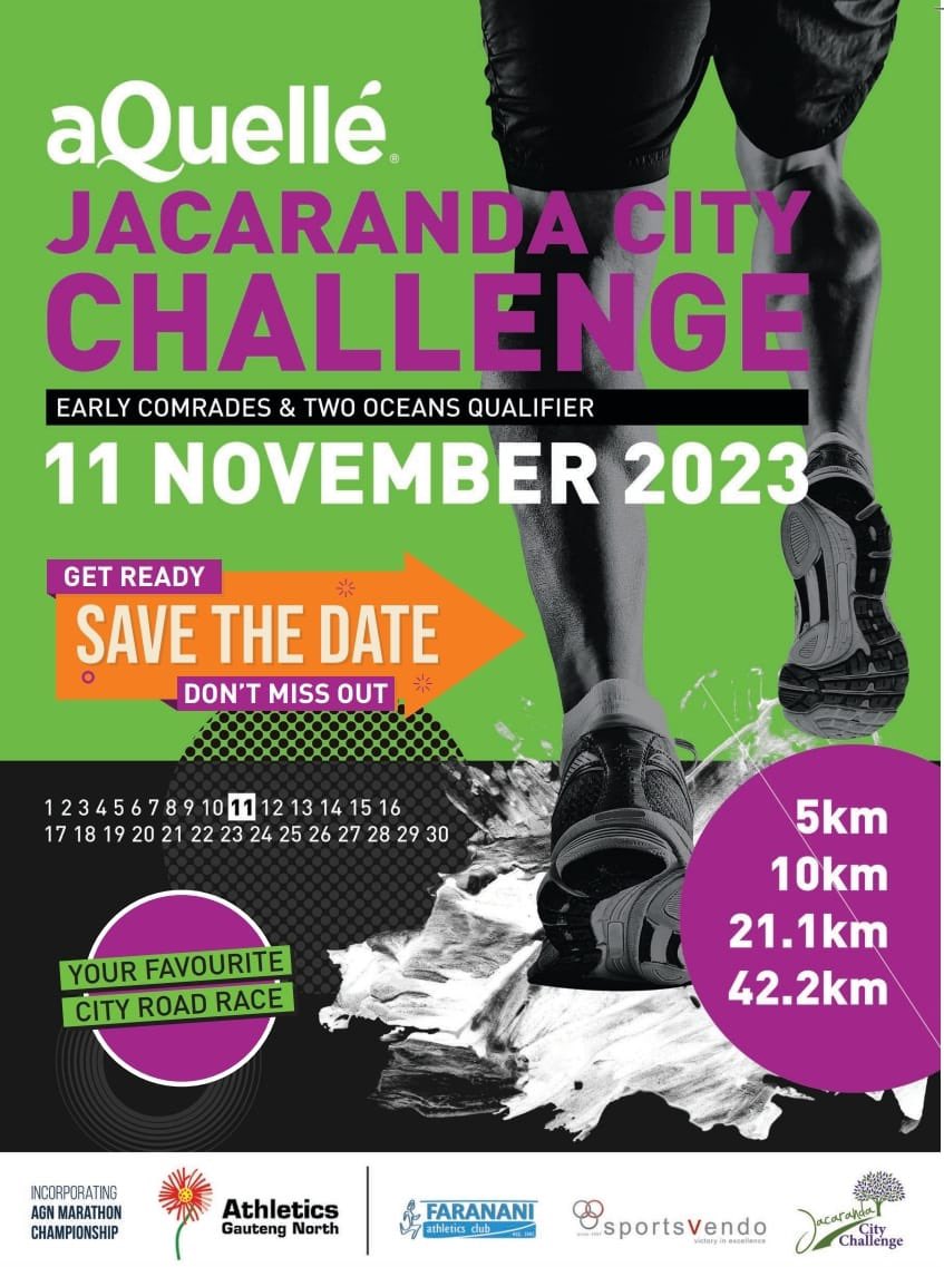 Re tsene!! We’ve landed.

It’s also a championship race… you know that means neh?🤐 
Your PB is waiting for you. 
All you’ve got to do is #SAVETHEDATE

#JacarandaCityChallenge2023
#EarlyQualifier
#AGNChampionshipRace
#BlueTrainMovingForwardWithAPurpose
#Faranani x#SportsVendo