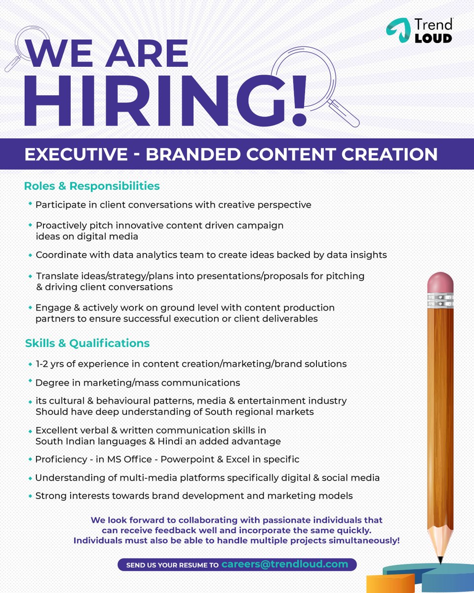 We are looking for Executive branded content creation 
Send your resume to careers@trendloud.com 
Job location 📍- Chennai

#trendloud #hiringnow #executive #brandedcontent #chennai #jobschennai