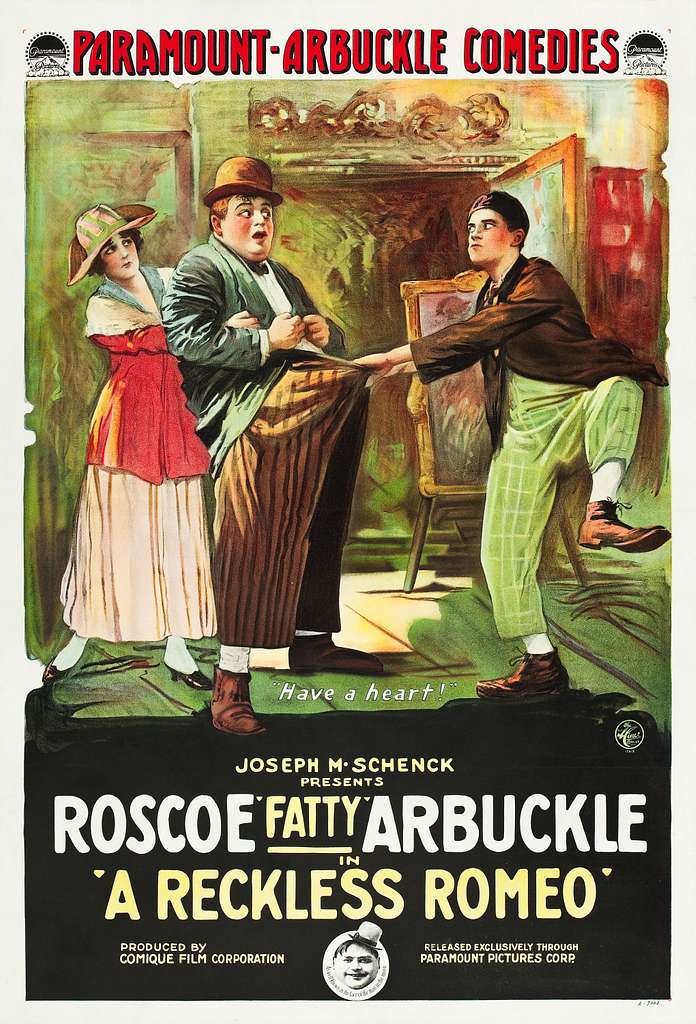 Film Poster for #RoscoeArbuckle's A Reckless Romeo (1917) with #AlStJohn.

Thought to have been lost, a print was discovered in 1998 in the Norwegian Film Archive in an unmarked canister with another lost Arbuckle short The Cook (1918).

#Damfino #SilentComedy #SilentHollywood