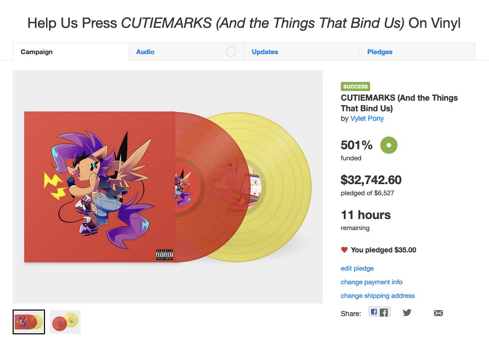HAI. theres 11 hours left for the cutiemarks vinyl. link below if you still wanna pledge for one!