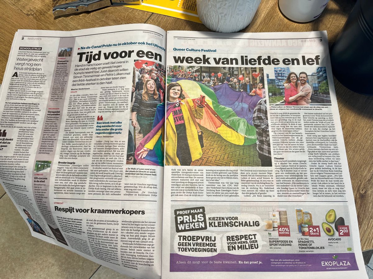 Deze week stond ik met Petra Luiken in het AD Utrechts Nieuwsblad, want we mochten vertellen over ons nieuwe initiatief: het Utrecht Queer Culture Festival 🦄🌈💕🏳️‍⚧️ En dat bijna 10 jaar na Roze Zaterdag 2013 in Utrecht! Lees het hele artikel via ad.nl/utrecht/simon-…