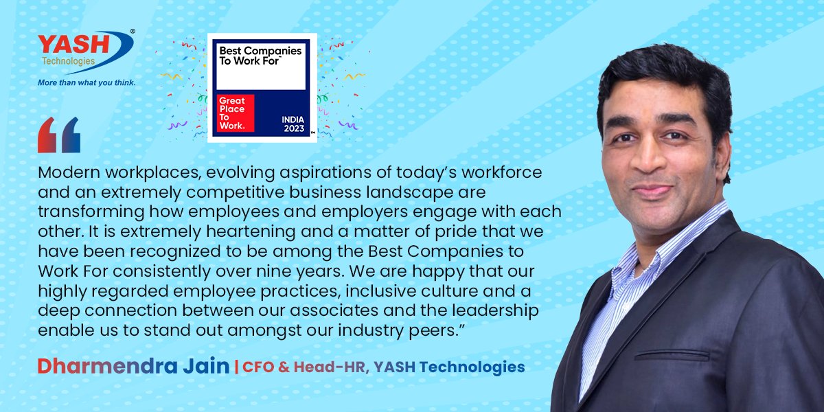 YASH_Tech's tweet photo. @YASH_Tech Recognized as One of the Top 75 Best Places To Work In India by Great Place To Work® Institute. Read Press Release Here:
https://t.co/CtO3LaA0Gm

#GreatPlaceToWork #PressRelease #LifeAtYASH @djyashcfo @Mohnish_Makode @mananceo @GPTW_India https://t.co/tr9s91Ubbn
