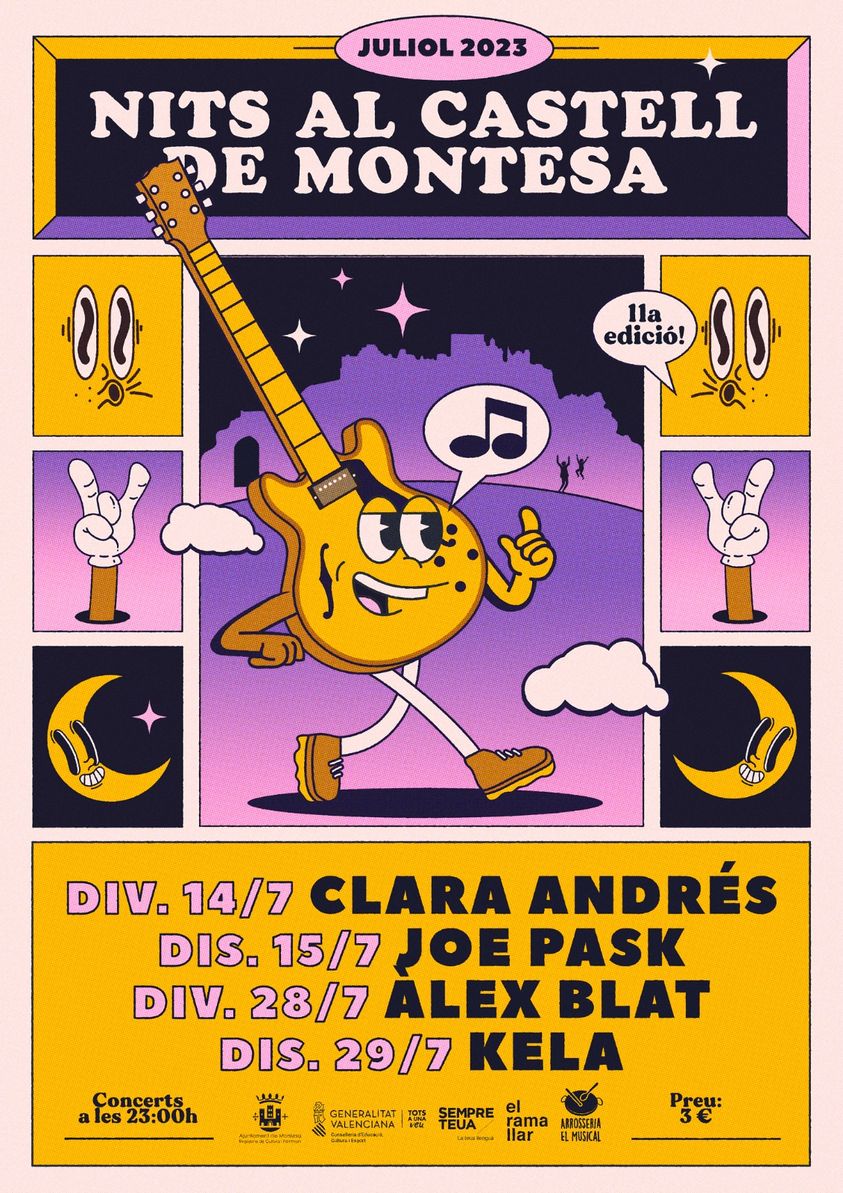 🎆Tornen les Nits al Castell de Montesa. 🎆

Aquesta 11ª edició gaudirà de les actuacions de:

🎶@clara_andres (Div. 14/7 | 23h)
🎶 @joepask_ (Dis. 15/7 | 23h)
🎶 @alexblatmusica (Div. 28/7 | 23h)
🎶 @unatalkela (Dis. 29/7 | 23h)

Us esperem!
