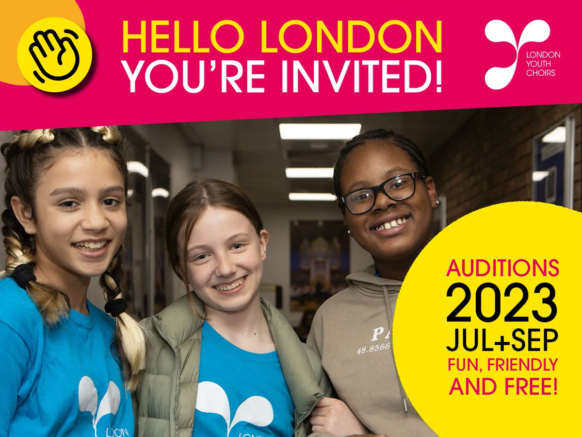 LonYouthChoirs's tweet photo. 📣5 DAYS LEFT TO SIGN UP📣

Hello London... YOU'RE INVITED 🤩

🟢Sign up is open for July &amp; September auditions!
👋age 7-22 and based in London? We'd love to hear you!
😊auditions are fun, friendly and FREE! 
📝https://t.co/5CJXOU9ECP https://t.co/v8Tzb6PAYD