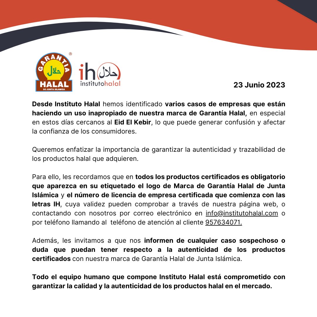 InstitutoHalal's tweet photo. A la atención de los consumidores de productos halal certificados por el Instituto Halal.

#InstitutoHalal #Halal #CertificadoHalal #Comidahalal #Cosméticahalal #Beneficioshalal https://t.co/atoa5avsIa
