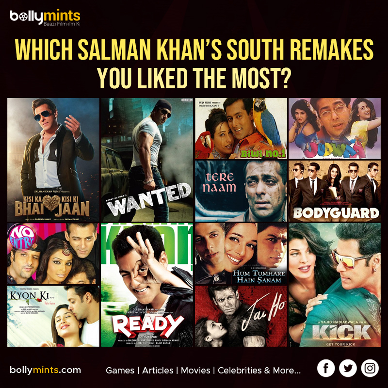 Which #SalmanKhan’s #South #Remakes You Liked The Most?
#KisiKaBhaiKisiKiJaan #Wanted #Kick #JaiHo #Ready #KyonKi #NoEntry #Bodyguard #TereNaam #Judwaa #BiwiNo1 #HumTumhareHainSanam