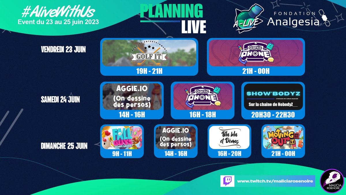 MaliciaRoseNoir's tweet photo. ✨ Et voilà enfin le planning pour l'event caritatif @A_Live_Event qui commence ce soir !
💪 J'espère que vous serez au rendez-vous pour faire plein de dons à @Inst_Analgesia pendant tout ce weekend !
#Alive3 #AliveWithUs #event #eventcaritatif https://t.co/YcmsGsisWu