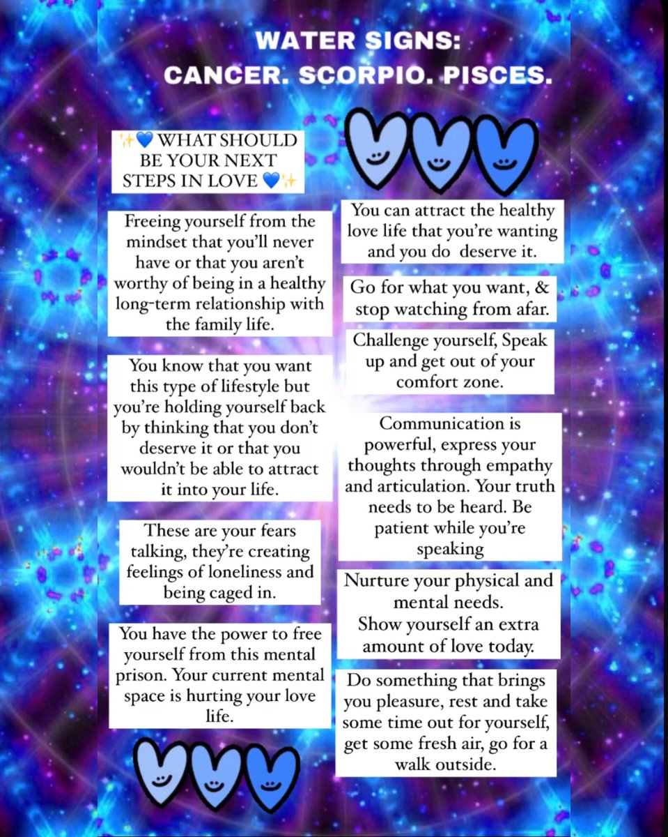 Water Signs ♥️
Cancer ♋️ Scorpio ♏️ Pisces.

What would you be your next steps in Love?

 #watersigns #cancer  #scorpio #Pisces #Sun #Moon #Venus #Rising #Zodiac #dailytarot  #Tarotdaily #tarotcard  #tarot #astrology #LoveReading #LoveMessages #TarotLove