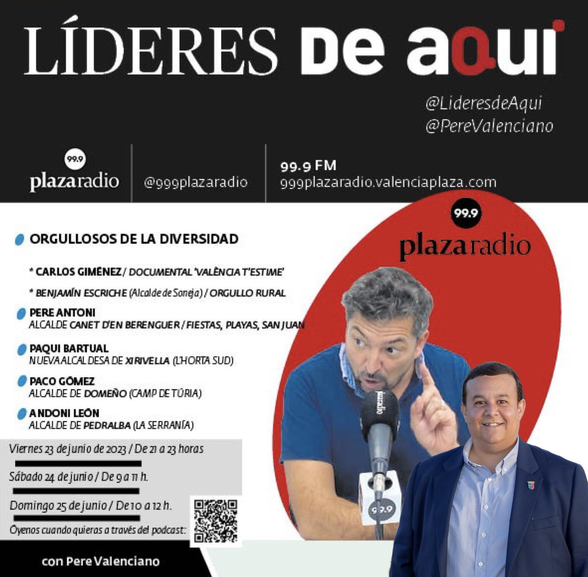 PsoePedralba's tweet photo. 📻 Andoni León, alcalde de Pedralba estará hoy en el programa ‘Líderes de Aquí’, de la 99.9 FM Plaza Radio presentado por Pere Valenciano.

🎙️ El programa se emitirá hoy 23 de junio a las 21 horas, el próximo sábado 24 de junio a las 9 horas y el domingo 25 de junio a las 10 h. https://t.co/KLZxeTcOOp