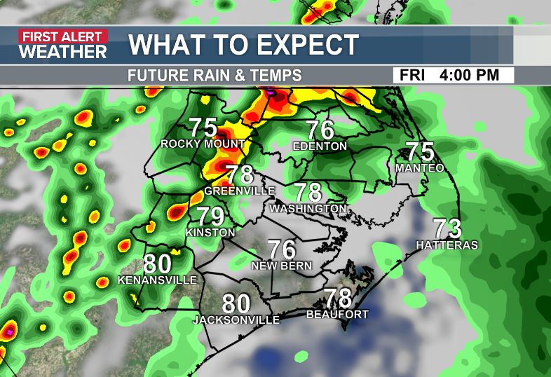 JimWeatherOrNot's tweet photo. We'll be dealing with more showers and and storms today, but I don't expect the storms to be quite as strong as yesterday's. If you catch a storm today, expect some very heavy rain and frequent lightning with wind gusts to 40 mph. Rain chances trend downward this weekend. https://t.co/SlFOPu4bW1