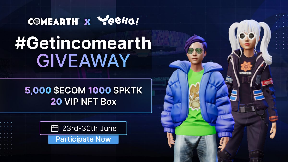 ComearthHQ's tweet photo. 🎉 Brace yourself🎉 
🥳The #COMEARTH x @YeehaGames
GetIncomearth #Giveaway is here! Come and celebrate with us!

🎁 Prize Pool: 5,000 $ECOM + 1,000 $PKTK + 20 VIP NFT Box

⬇️ To Win
🍀RT, Like &amp; Tag 3 friends
🔥 Join #Gleam: https://t.co/b2pHFY4koW

⏳ 1 week

#getincomearth https://t.co/nXuL2JYv4Y