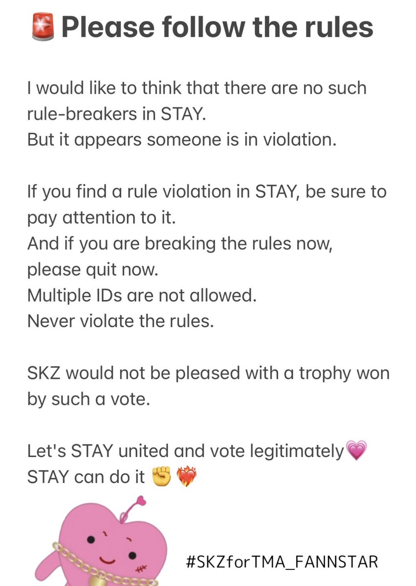 Pls  RT 
🚨Be sure to read to the end🚨
Don't create multiple IDs and follow the rules to vote！
#straykids #SKZforTMA_FANNSTAR
#BangChan #Leeknow #Changbin #Hyunjin #Han #Felix #Seungmin #I_N 
#StrayKids5STAR #StrayKidsComeback