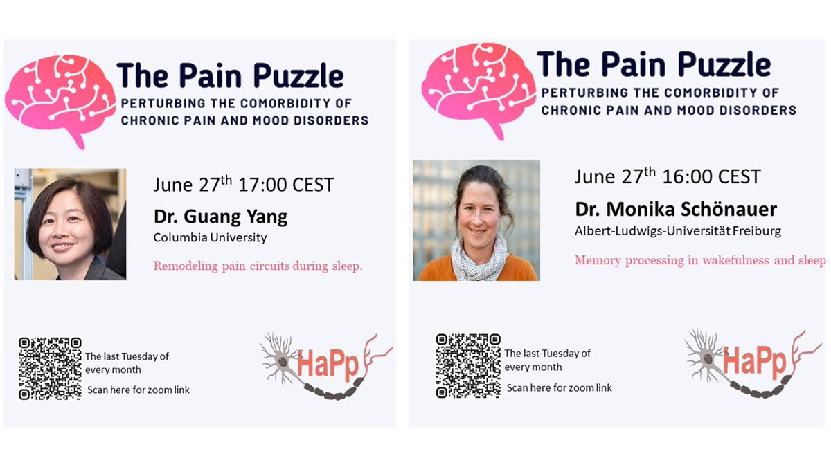 We are proud to share the next edition of The Pain Puzzle on Tuesday, June 27th. It is a special edition with 2 talks: Dr Monika Schönauer with "Memory processing in wakefulness and sleep" &amp; Dr Yang Guang with "Remodeling pain circuits during sleep". Thank you to the organizers🙌