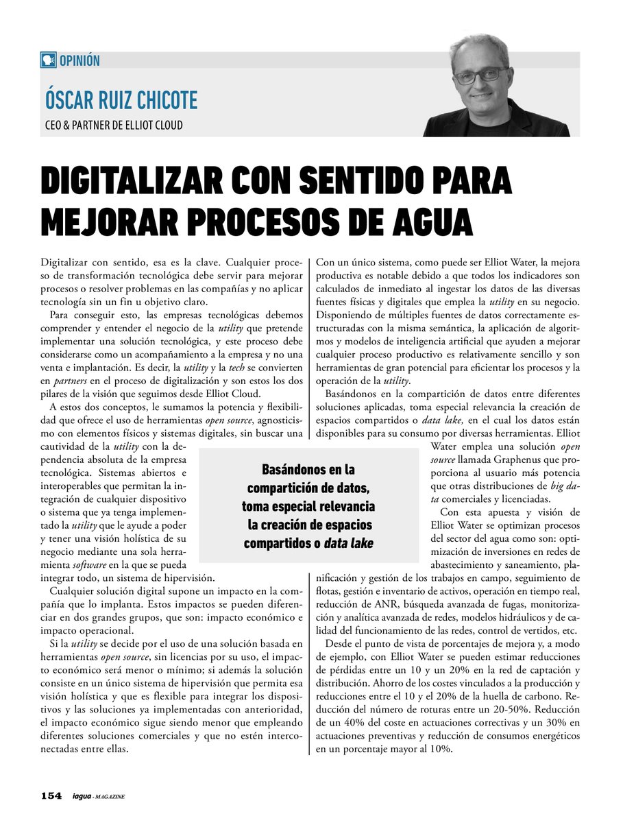 👍 La clave de la transformación tecnológica del #agua es #digitalizar con sentido, mejorando procesos y resolviendo problemas.

Así lo asegura en esta tribuna de #iAguaMagazine44, Óscar Ruiz, CEO de <a href="/Elliot_Cloud/">Elliot Cloud</a> 👇.
iagua.es/blogs/oscar-ru…