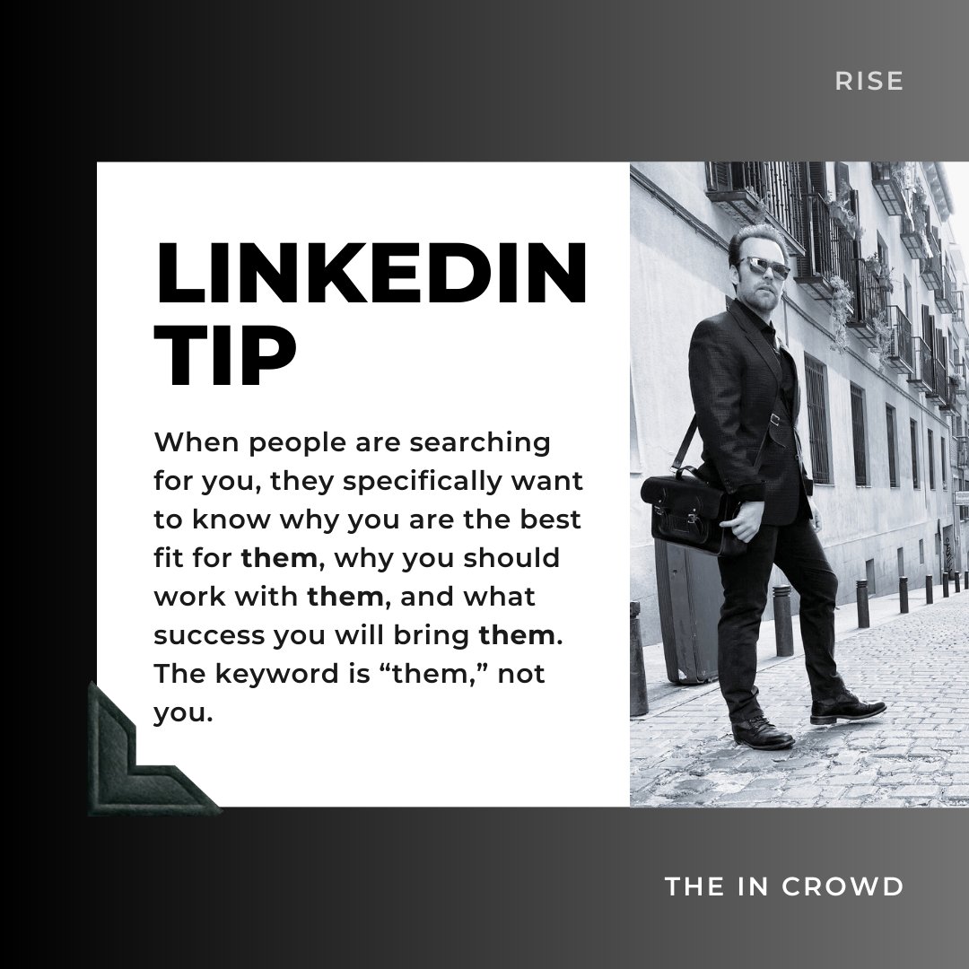 'Them' should be your focus!

Comment with any questions on this... 

#linkedin #linkedintips #thoughtleadership #personalbrand #personalbranding #digitalmarketing #socialmediamarketing #jobs #innovation #business #startups #marketing #socialnetworking #personaldevelopment