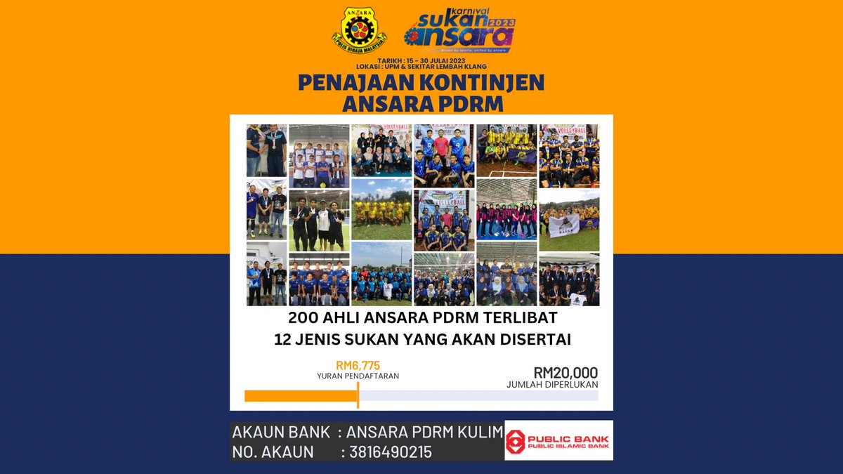 ansarapdrm's tweet photo. Karnival Sukan ANSARA 2023 (KSA 2023) akan berlangsung bermula pada 15 Julai 2023 sehingga 30 Julai 2023 bertempat di UPM dan fasiliti sukan di sekitar Lembah Klang. Kontinjen ANSARA PDRM akan menghantar seramai 200 atlet terdiri daripada ahli ANSARA PDRM yang diketuai https://t.co/D4GMOhxNqN