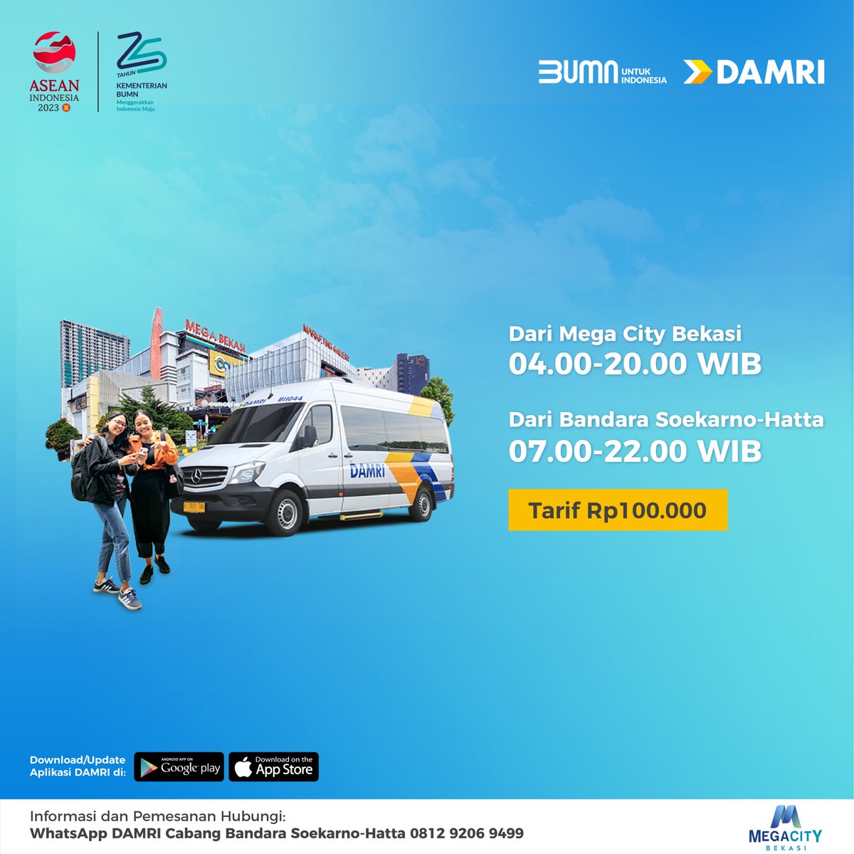 DamriIndonesia's tweet photo. Warga Bekasi Mana Suaranyaa~?

Kini telah beroperasi layanan DAMRI dari Megacity Mall Bekasi menuju Bandara Soekarno-Hatta PP!

Makin banyak pilihan ke bandara, makin mudah! Naik DAMRI aja, karena #AdaDAMRIdiBandara! 

#Bekasi #MegacityBekasi #BusDAMRI #DAMRIBandara #DAMRI https://t.co/MYOrahbWhW