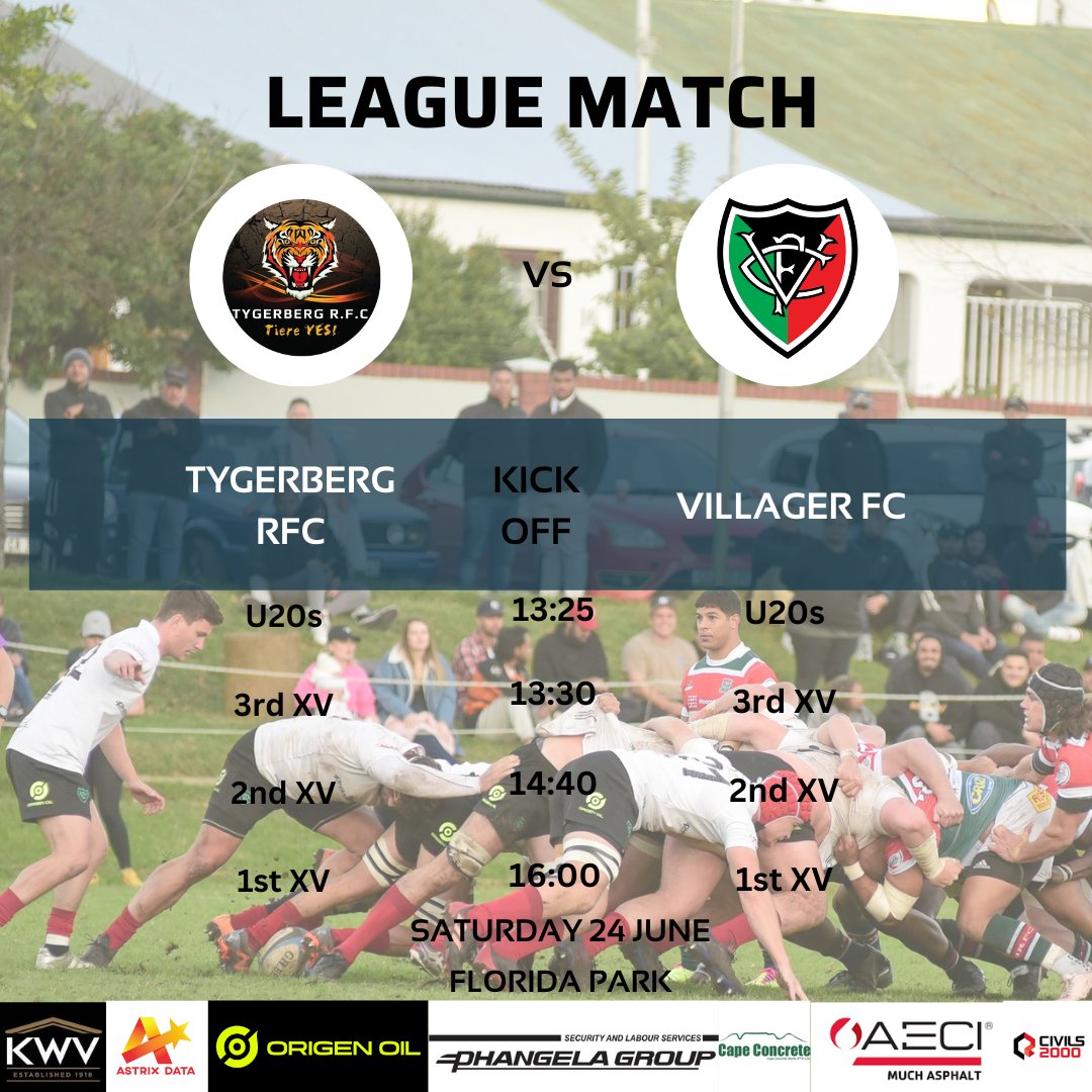 Here are the Kick Off times for tomorrow's league matches vs @Tygerberg_Rugby Let's get out the there to Florida Park and support our boys. #VillagerFC #bandofrothers