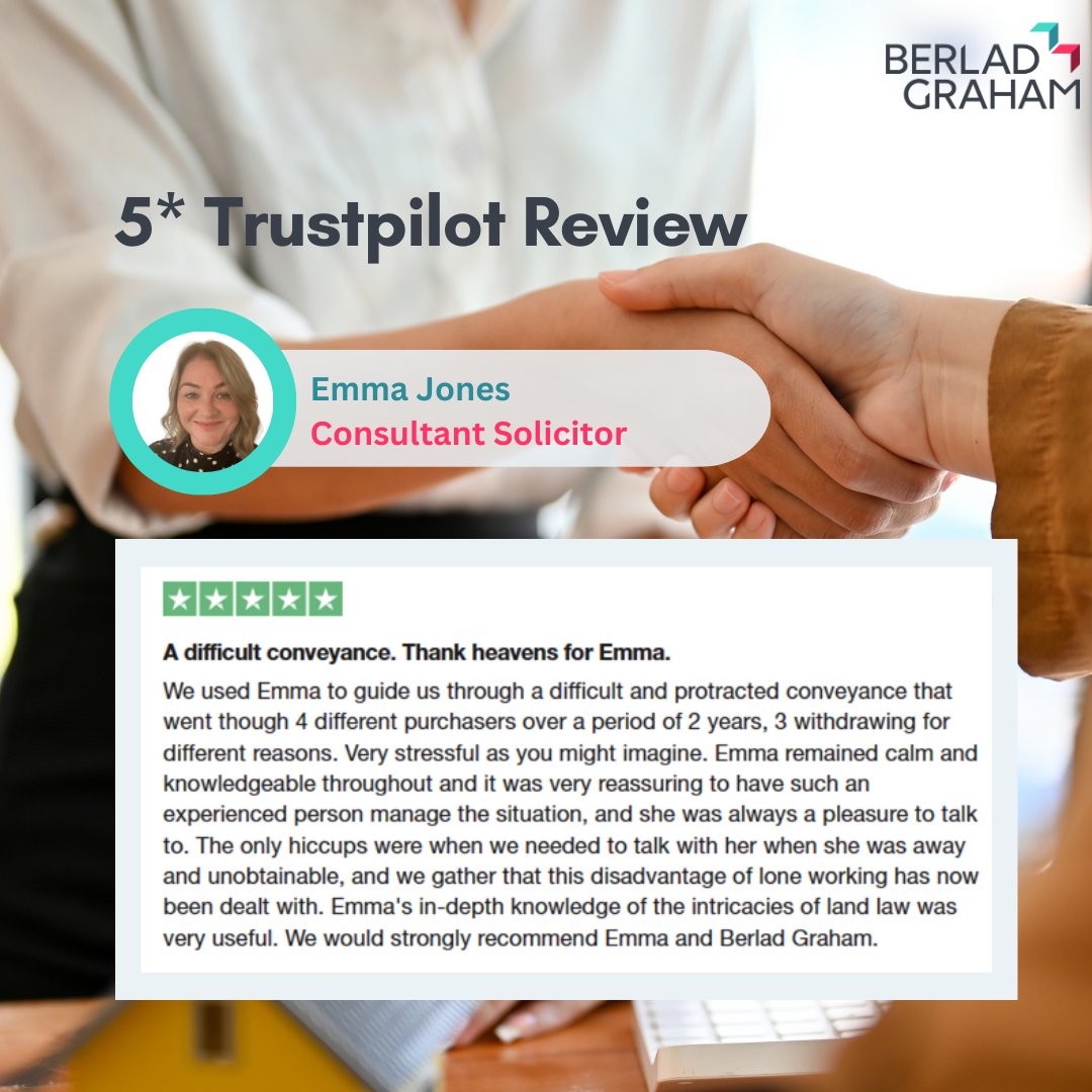 We are very proud to have been awarded another FIVE STAR Trustpilot review from a happy client 🙂 Well done to our Consultant Solicitor, Emma Jones. 

#BerladGrahamSolicitors #5starreview #thankyou #happyclients #solicitorsuk #lawfirm #legalservices #shropshire