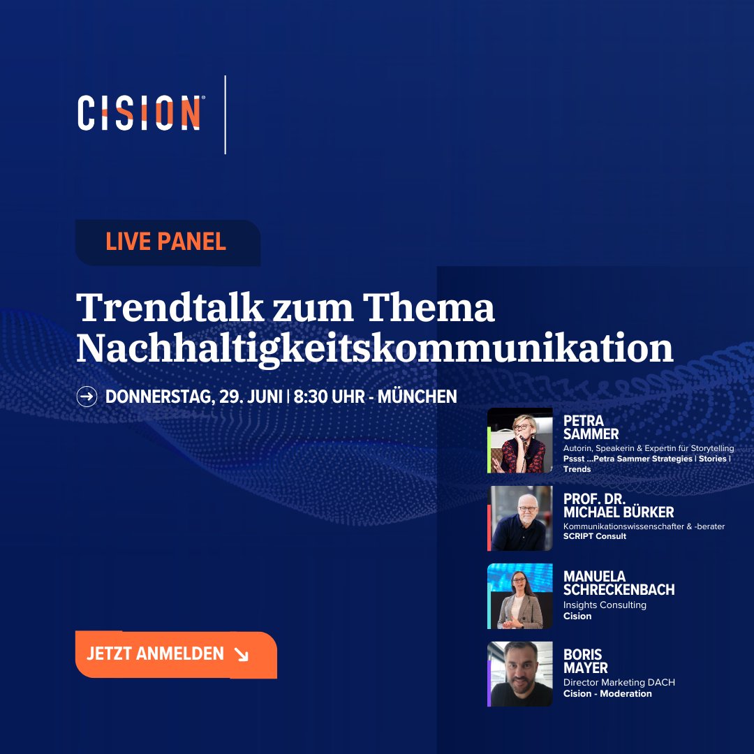 #kommunikationweiterdenken (@michaelbuerker) on Twitter photo Trendtalk zur #Nachhaltigkeitskommunikation
Diskussion mit Storytelling-Expertin <a href="/PetraSammer/">Petra Sammer</a> und Manuela Schreckenbach, Head of Insights Consulting, <a href="/Cision_DE/">Cision Germany</a>
29. Juni, München, Studio Balan
Frühstücksimbiss ab 8.30 Uhr
Diskussion 9.30-11.00 Uhr
Infos: bit.ly/3CHtprL Trendtalk zur #Nachhaltigkeitskommunikation
Diskussion mit Storytelling-Expertin <a href="/PetraSammer/">Petra Sammer</a> und Manuela Schreckenbach, Head of Insights Consulting, <a href="/Cision_DE/">Cision Germany</a>
29. Juni, München, Studio Balan
Frühstücksimbiss ab 8.30 Uhr
Diskussion 9.30-11.00 Uhr
Infos: bit.ly/3CHtprL