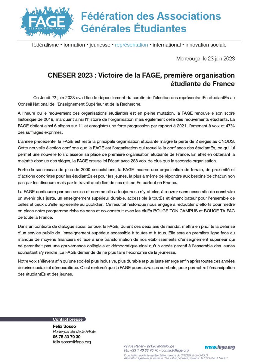 #CNESER2023 I La FAGE, 1⃣ orga
À l’heure où le paysage du mouv étudiant est en pleine mutation, la FAGE enregistre un score historique, marquant ainsi l’histoire de l’orga et des mouv étu 🎓
C'est avec fierté et émotion que nous annonçons que la FAGE obtient 6 sièges au CNESER !