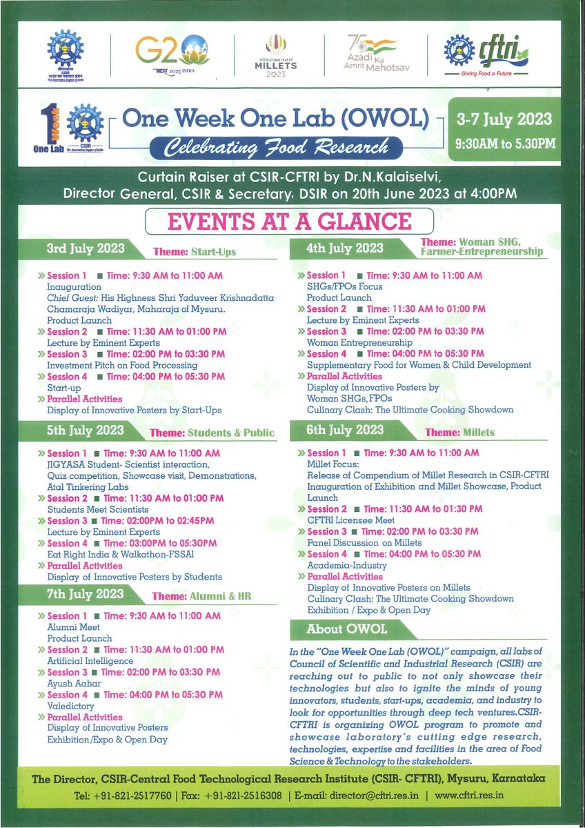 csircftri's tweet photo. Events at a glance: One Week One Lab (OWOL) program of @csircftri - Celebrating Food Research, scheduled to be held during 3rd to 7th July 2023.
@DrJitendraSingh
@CSIR_IND
@DrNKalaiselvi
#CSIR_OneWeekOneLab #OneWeekOneLab #OWOL #celebratingfoodresearch https://t.co/k260GWZ4fv