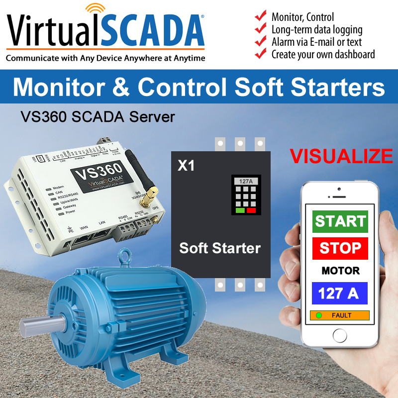 virtualscada's tweet photo. The VS360 SCADA Server connects to any soft starter for monitoring and control. Fault and alarms messages via text or e-mail. Long term data-logging. Receive weekly or monthly reports for number of starts. #softstarter #SCADA #RemoteMonitor #RVSS #datalogging #IOT https://t.co/OglM6iBGa8