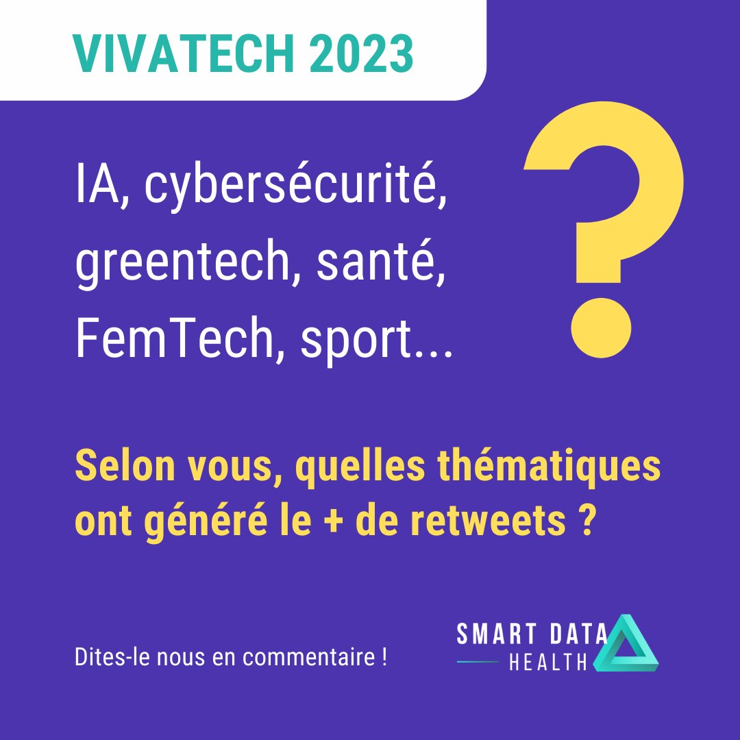 #IA 
#cybersécurité 
#greentech 
#santé 
#Femtech 
#sport 
???

🚀Selon vous, quelles thématiques abordées lors de #Vivatech2023 ont eu le plus d'écho sur #Twitter ?

On attend vos suggestions en commentaires 👇