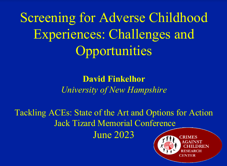 acamh's tweet image. Good afternoon! To begin day 2 of the Jack Tizard International Conference 2023, Professor David Finkelhor @DavidFinkelhor from @CCRCunh  will present on ‘Screening for ACEs – the challenges and opportunities’
#TacklingAces
Thread 🧵